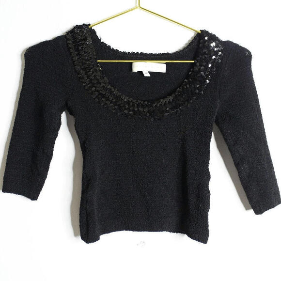 VTG Bette Paige Black Sequin Knit Crop Top - 3/4 Sleeve Evening Wear - M - Picture 1 of 4
